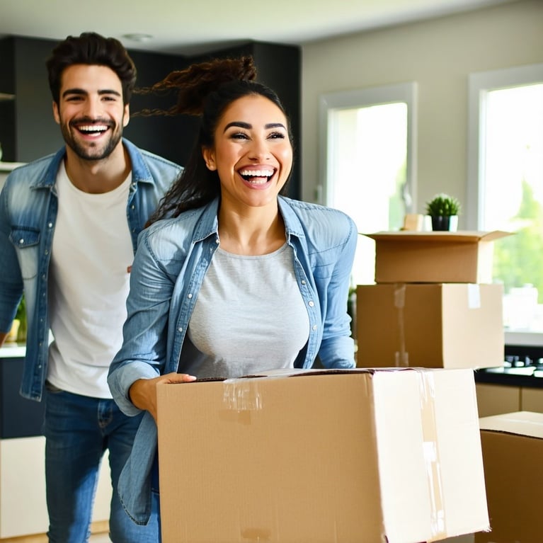 Action photo with moving happy with Hispanic or racially ambiguous couple in new house for investment property and future Unpacking kitchen and purchase with mortgage excited and homeowner relocation candid image-1