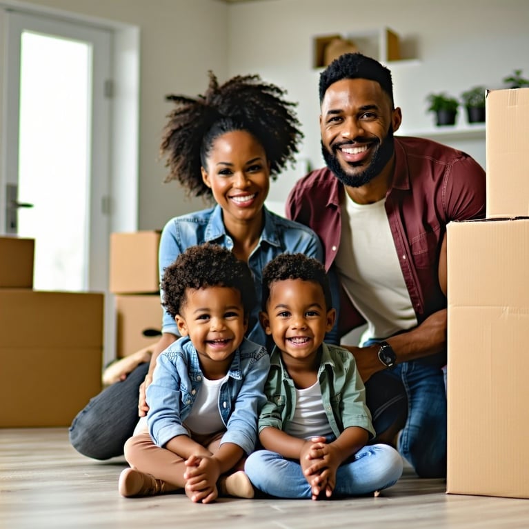 Candid moving happy and real estate with african american family in new house for investment property and future Smile moving boxes in background and purchase with children and parents for mortgage excited and homeowner relocation not looking forward-1